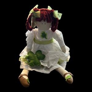 Marshalls St Patricks Day Rag Doll Girl Red Hair White Eyelet Dress Green New